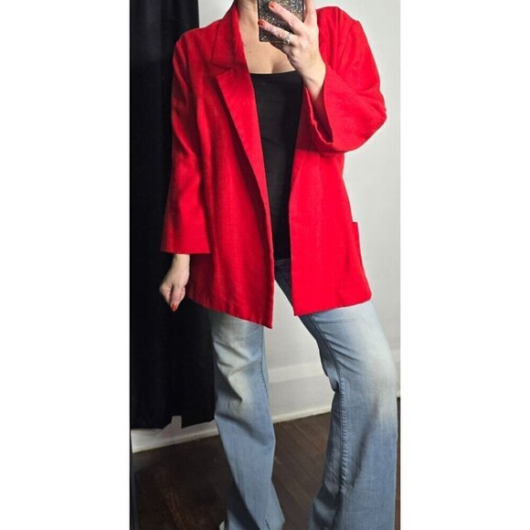 Vintage 80s 90s Cherry Red Lightweight Oversized Blazer Open Front - Picture 1 of 13